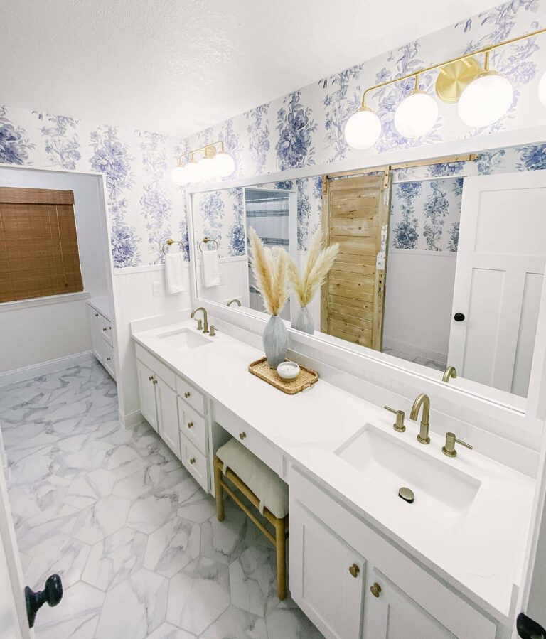 Hallway Bathroom Transformation – White + Blue with Brushed Gold Accents