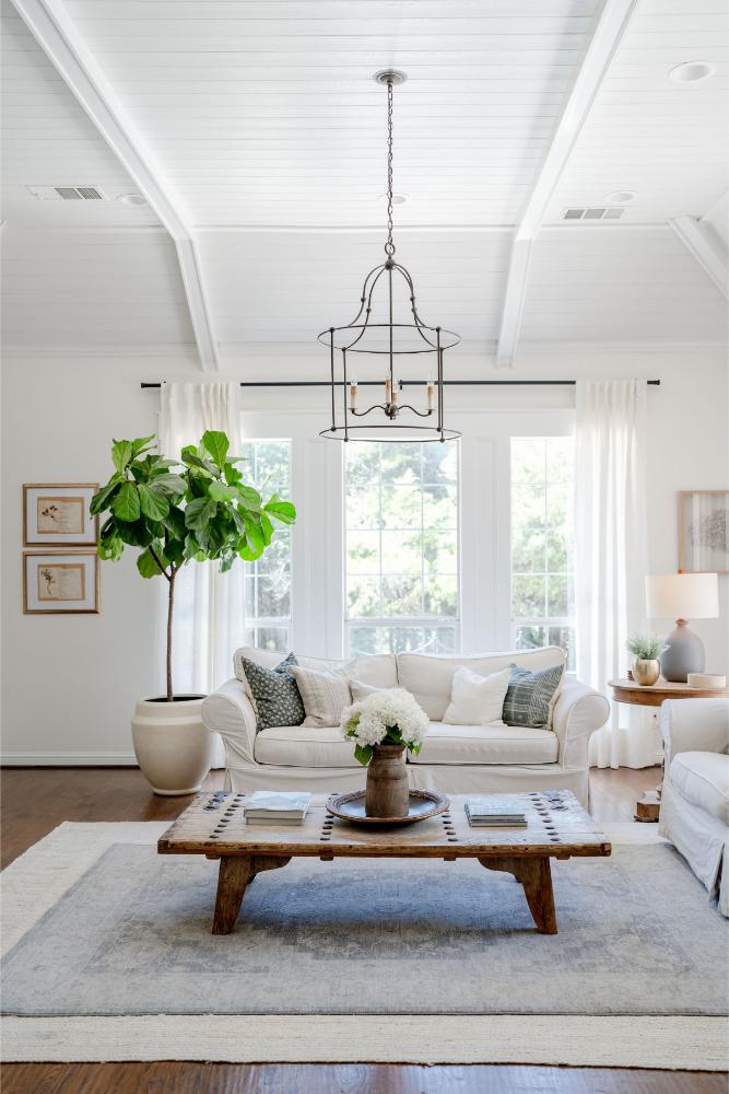 Living Room Transformation with Armstrong Ceilings Easy Up System – Shiplap Ceiling